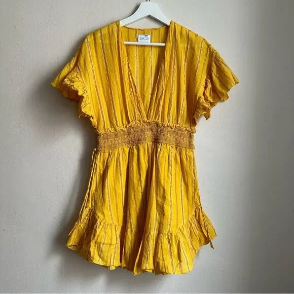 Saylor Adrianne Ruffle-Sleeve Mini Dress in yellow size L